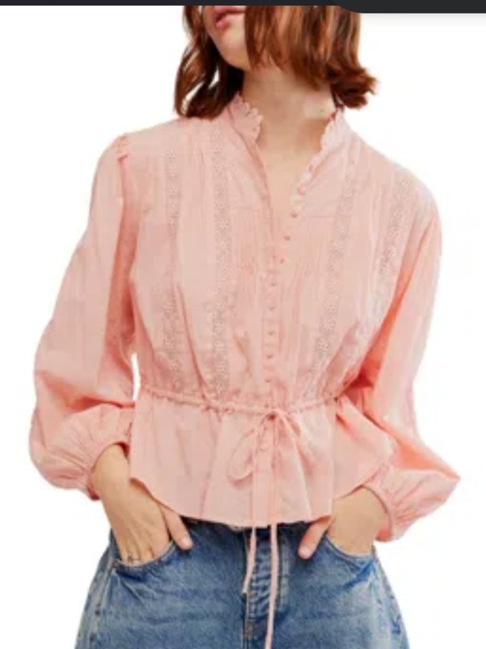 Free People Blush Pink Lace-Trim Drawstring Peplum Blouse